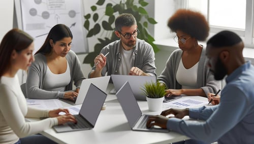 marketers working on laptops in a group